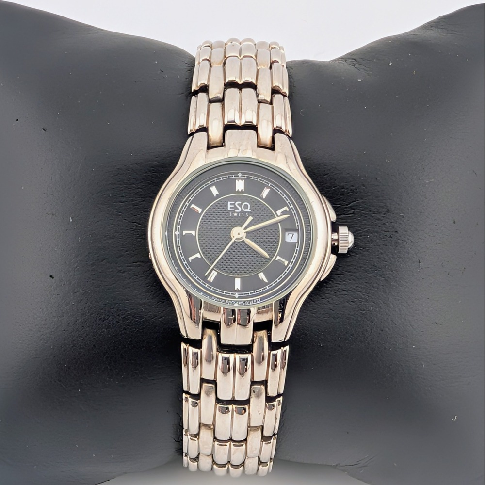 ESQ Swiss Vintage Textured Black Dial Dress Watch Stainless Steel 25mm‎